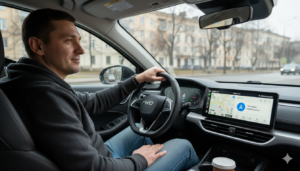 Прошивка BYD Київ: чоловік за кермом дивиться на адаптований екран з українською мовою, навігацією, голосовим помічником і підключеним інтернетом після адаптації в Garage 55.